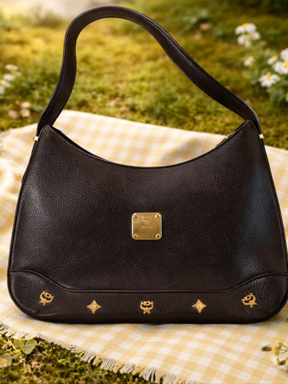 MCM Dark Brown Pebbled Leather Shoulder Hobo with Gold Accents Like New